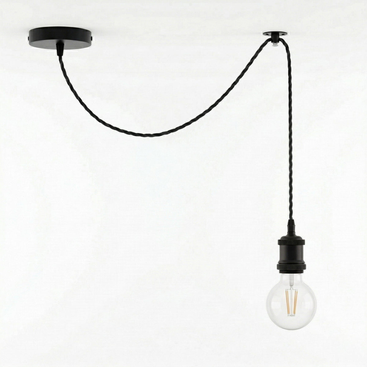 Swag Pendant Light – 2 m Twisted Cable, Ceiling Hook, Curvy Dome or Bulb - Black, No Shade, with G80 LED Bulb