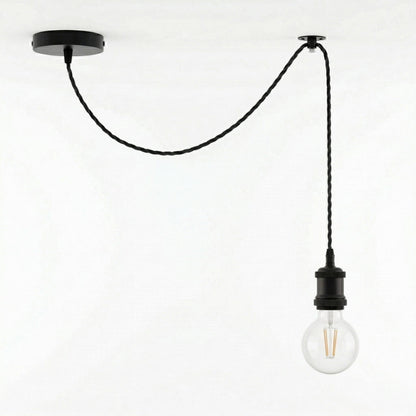Swag Pendant Light – 2 m Twisted Cable, Ceiling Hook, Curvy Dome or Bulb - Black, No Shade, with G80 LED Bulb