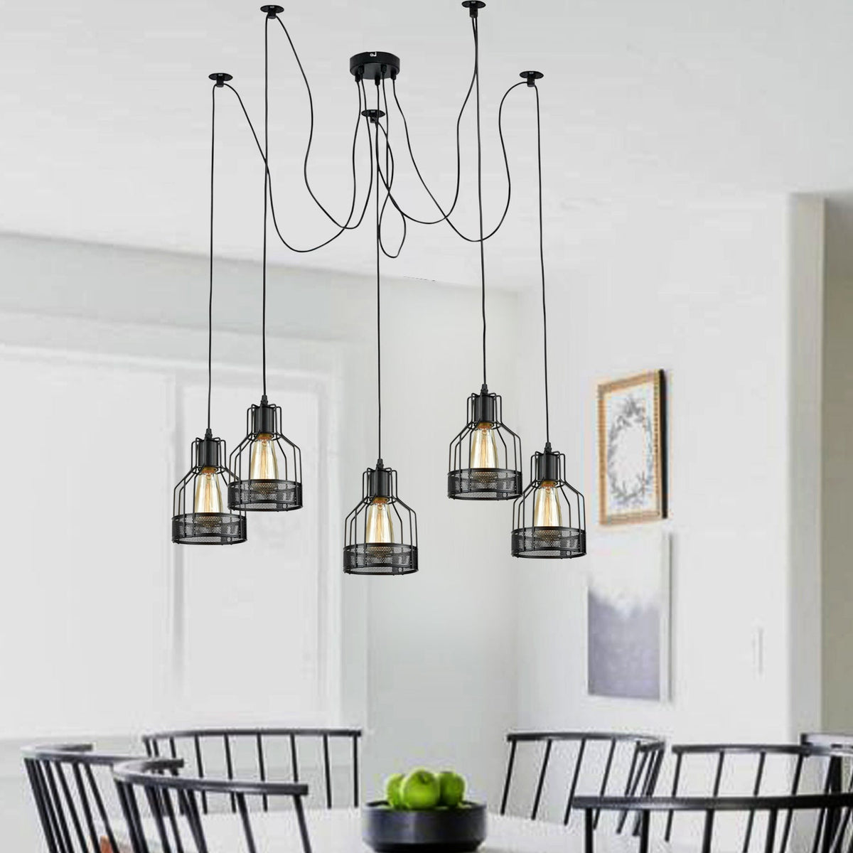 5-Light Spider Pendant – Black Drum Cages, 2 m Cable, E27 - photo 2