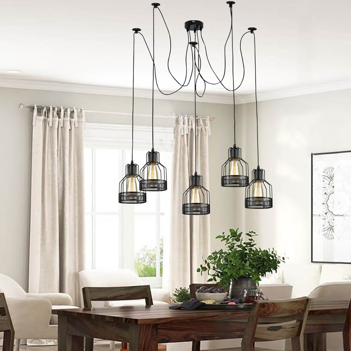 5-Light Spider Pendant – Black Drum Cages, 2 m Cable, E27 - photo 3