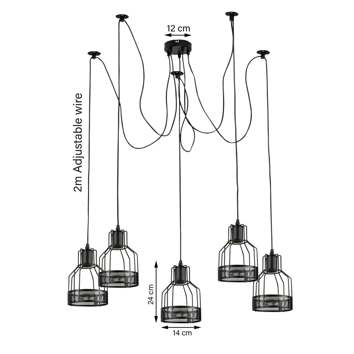 5-Light Spider Pendant – Black Drum Cages, 2 m Cable, E27 - photo 4