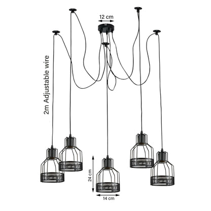 5-Light Spider Pendant – Black Drum Cages, 2 m Cable, E27 - photo 4