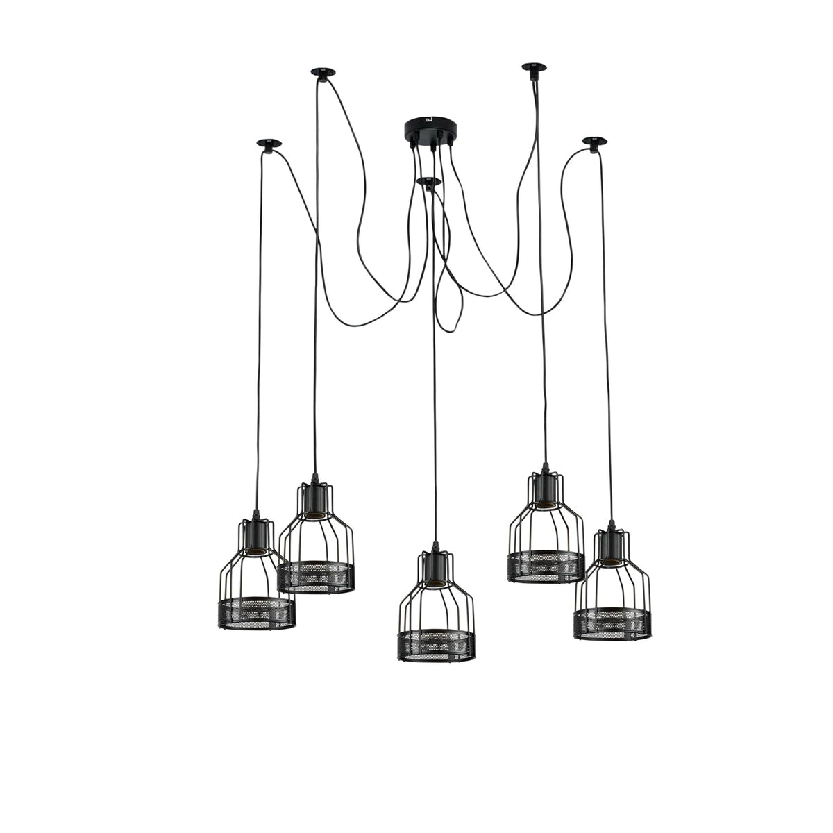 5-Light Spider Pendant – Black Drum Cages, 2 m Cable, E27