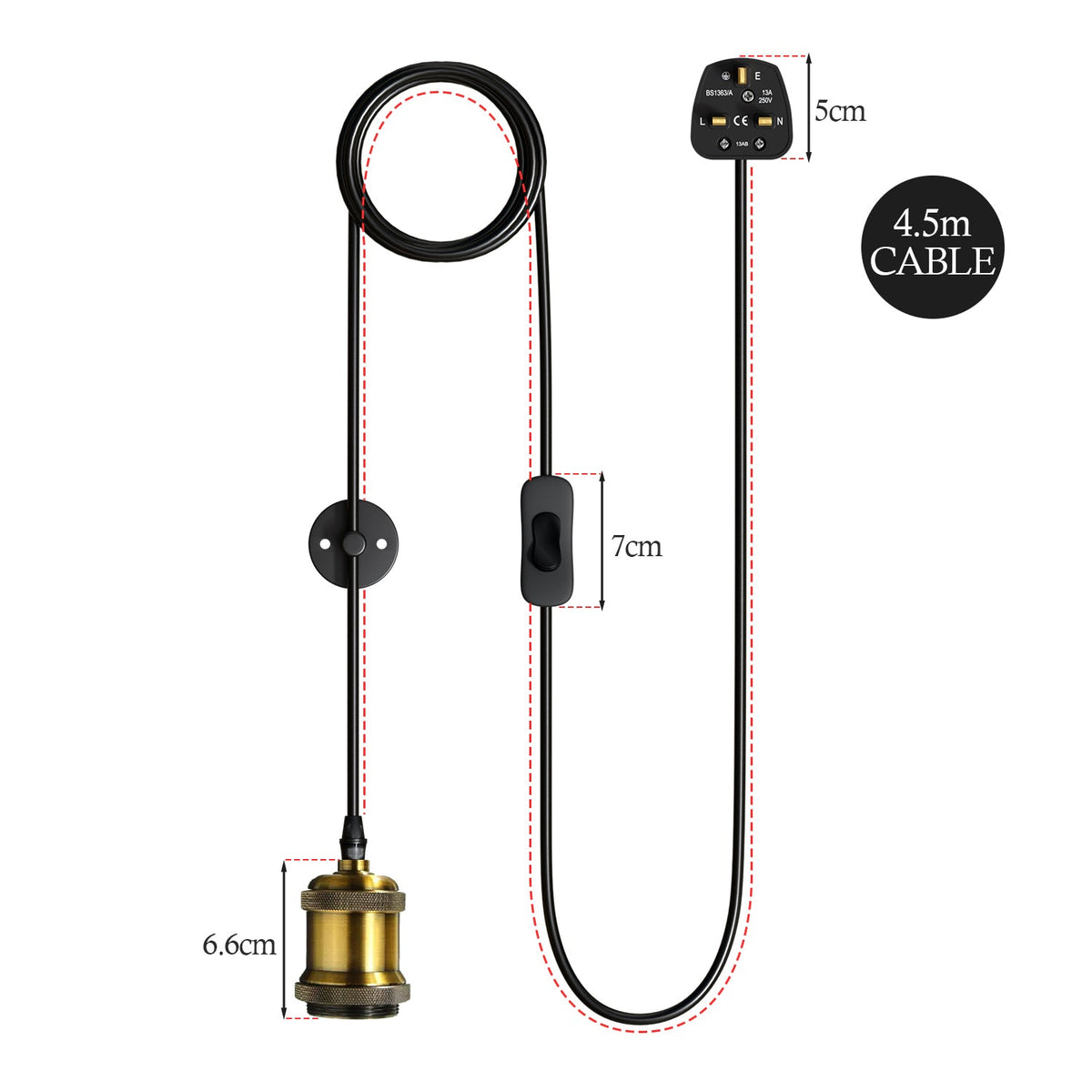 Plug-In Pendant Light – 4.5 m Fabric Cable, Switch, Brass E27 - photo 10