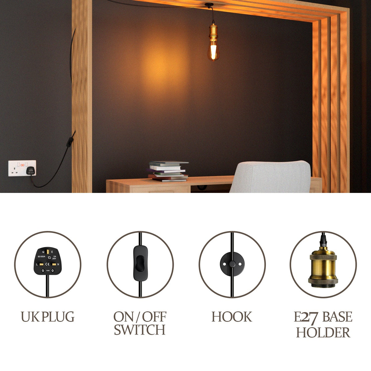 Plug-In Pendant Light – 4.5 m Fabric Cable, Switch, Brass E27 - photo 8
