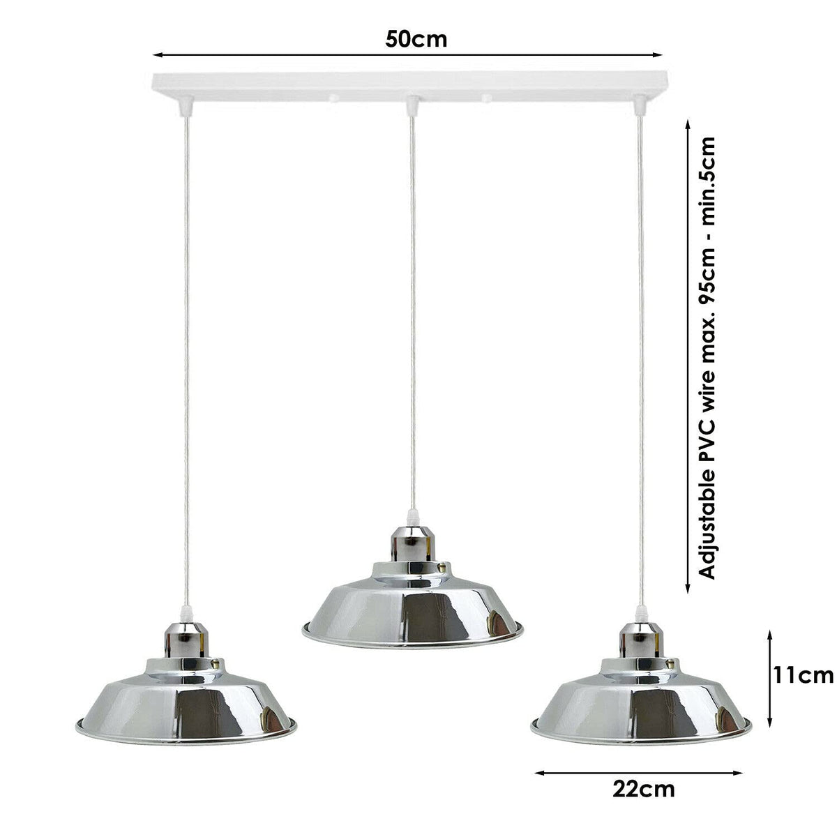 3-Light Chrome Pendant – Dome, Cone or Diamond Cage, Bar or Round - photo 2