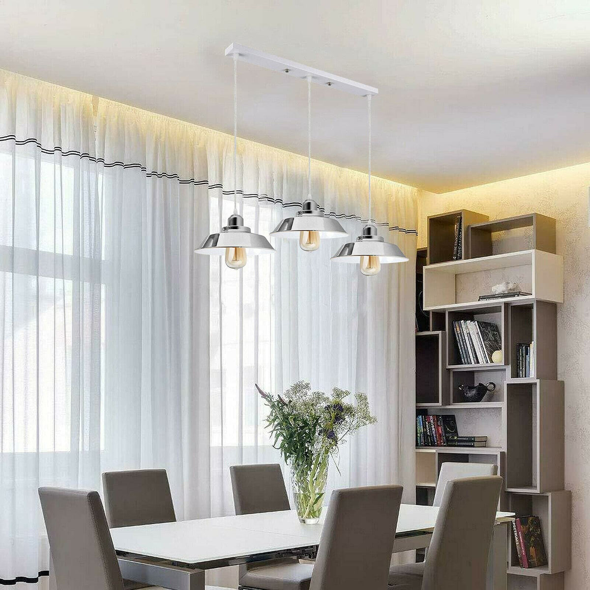 3-Light Chrome Pendant – Dome, Cone or Diamond Cage, Bar or Round - photo 5