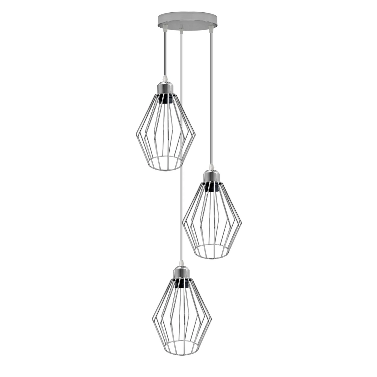 3-Light Chrome Pendant – Dome, Cone or Diamond Cage, Bar or Round - Chrome, Diamond Cage Chrome 200 mm Rose, Without Bulb