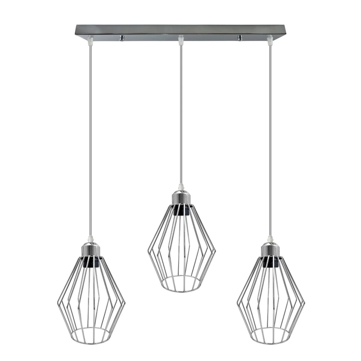 3-Light Chrome Pendant – Dome, Cone or Diamond Cage, Bar or Round - Chrome, Diamond Cage Chrome 500 mm Rose, Without Bulb