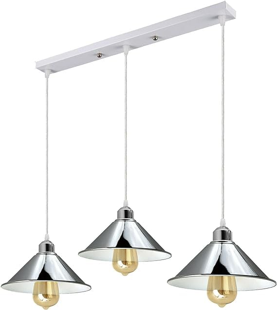 3-Light Chrome Pendant – Dome, Cone or Diamond Cage, Bar or Round - Chrome, Flat Cone 22 cm Chrome, Without Bulb