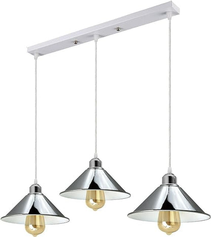 3-Light Chrome Pendant – Dome, Cone or Diamond Cage, Bar or Round - Chrome, Flat Cone 22 cm Chrome, Without Bulb