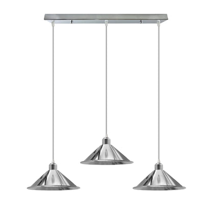 3-Light Chrome Pendant – Dome, Cone or Diamond Cage, Bar or Round - Chrome, Small Cone 22 cm Chrome 500 mm Rose, Without Bulb