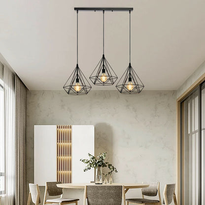 3-Light Diamond Cage Pendant Bar – Black Geometric Shades, E27 - photo 3