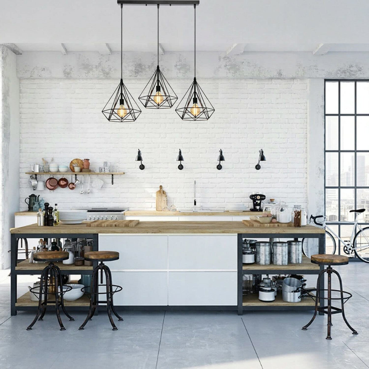 3-Light Diamond Cage Pendant Bar – Black Geometric Shades, E27 - photo 4