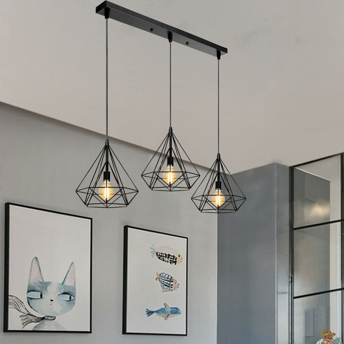 3-Light Diamond Cage Pendant Bar – Black Geometric Shades, E27 - photo 5
