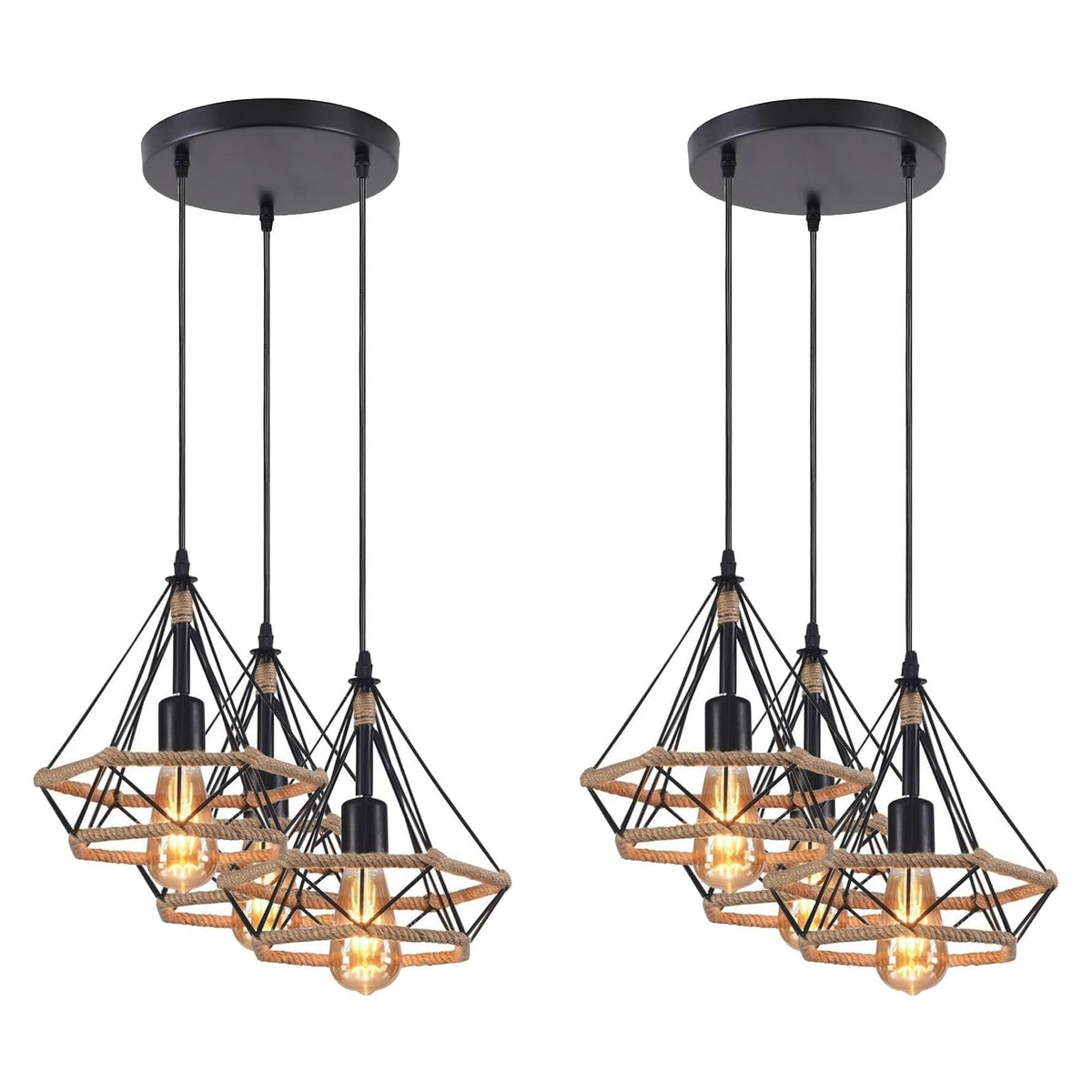 3-Light Diamond Cage Pendant Bar – Black Geometric Shades, E27 - Black, Rope Diamond Cage, Pack of 2 Round Clusters, Without Bulb