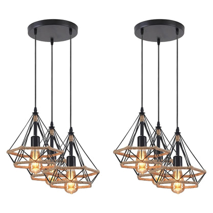 3-Light Diamond Cage Pendant Bar – Black Geometric Shades, E27 - Black, Rope Diamond Cage, Pack of 2 Round Clusters, Without Bulb