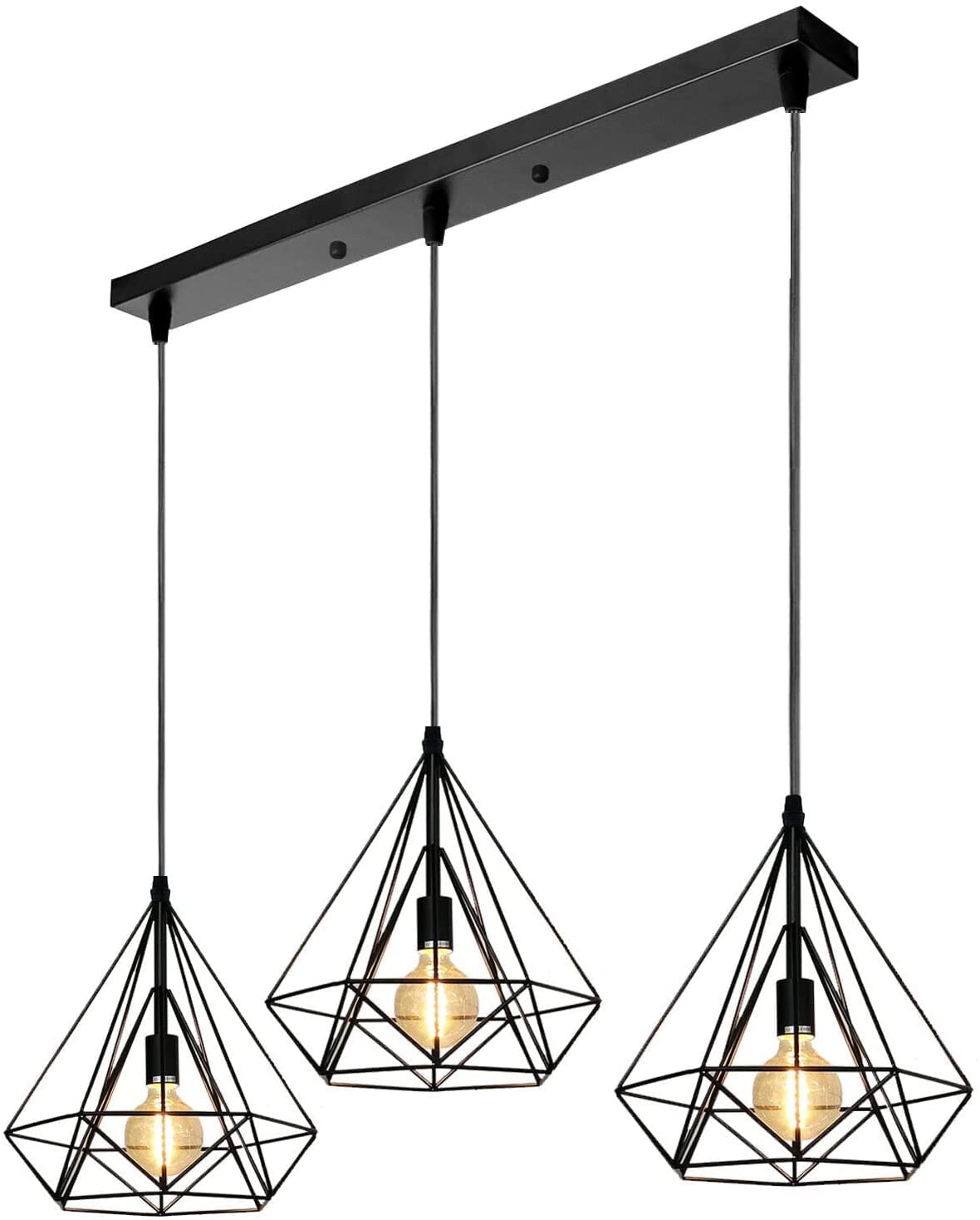 3-Light Diamond Cage Pendant Bar – Black Geometric Shades, E27 - Black, Geometric Cage Black, Without Bulb