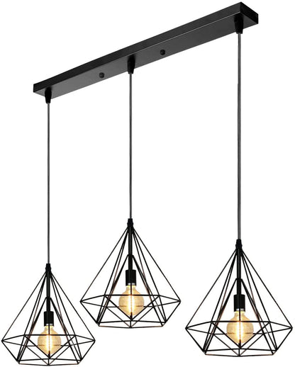 3-Light Diamond Cage Pendant Bar – Black Geometric Shades, E27 - Black, Geometric Cage Black, Without Bulb