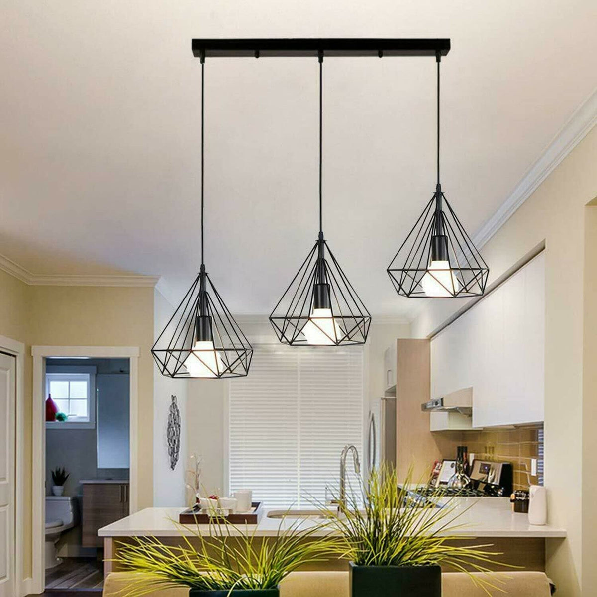 3-Light Diamond Cage Pendant Bar – Black Geometric Shades, E27 - photo 2