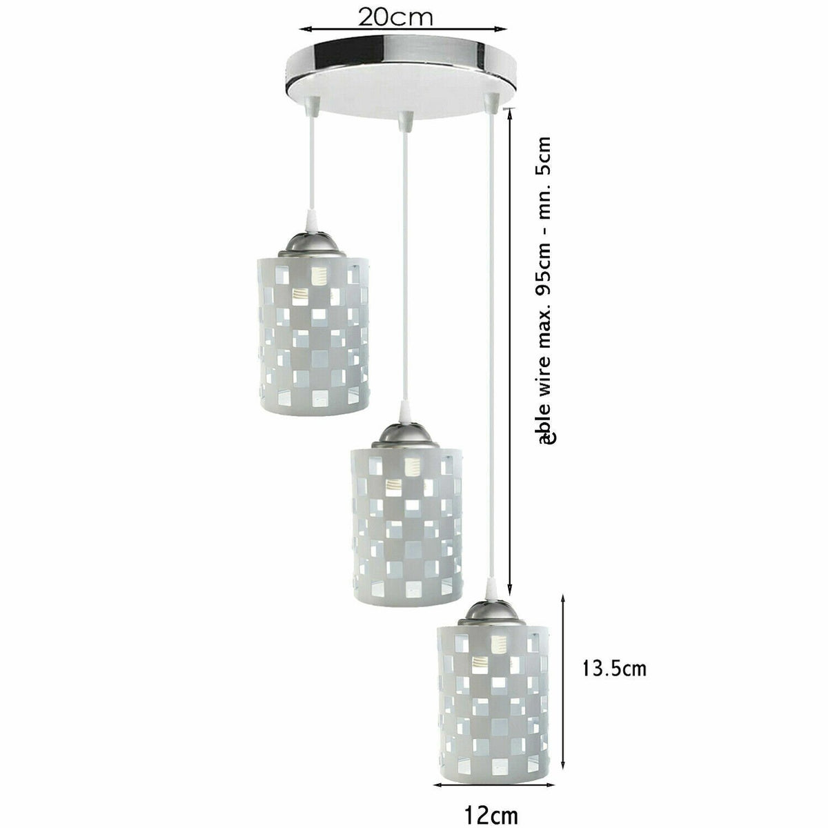 3 Light Cascade Pendant – White Cylinder Cages or Chrome Cones - Chrome, White Cylinder Cage 12 cm, Without Bulb