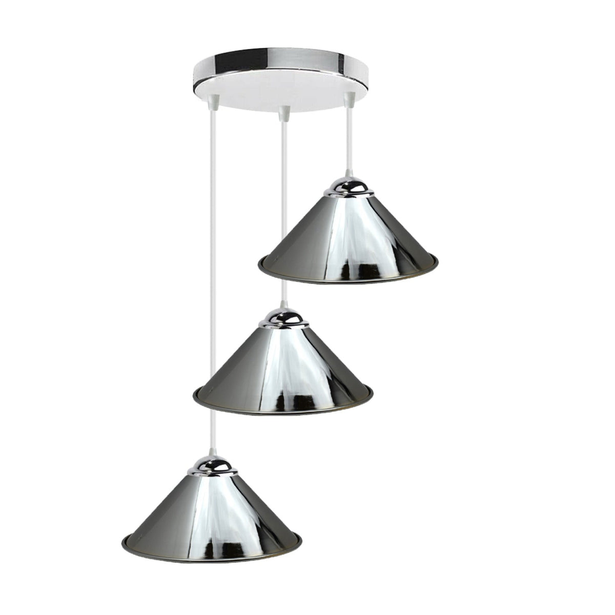3 Light Cascade Pendant – White Cylinder Cages or Chrome Cones - Chrome, Flat Cone 22 cm Chrome, Without Bulb