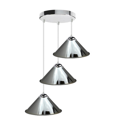 3 Light Cascade Pendant – White Cylinder Cages or Chrome Cones - Chrome, Flat Cone 22 cm Chrome, Without Bulb