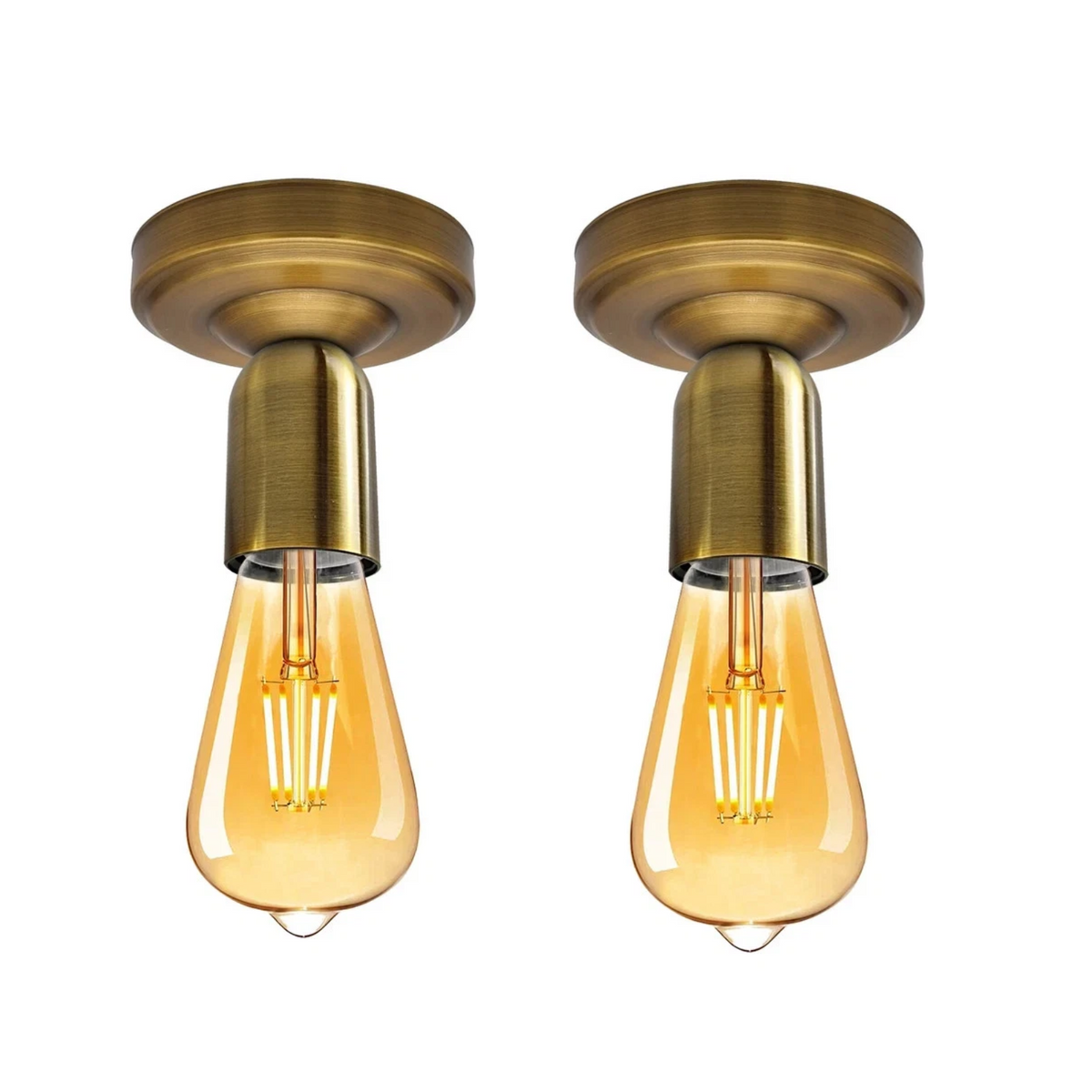 Flush Ceiling Lamp Holder – Metal, E27, 75 or 108 mm Plate - 108 mm, Pack of 2, Yellow Brass, No Shade