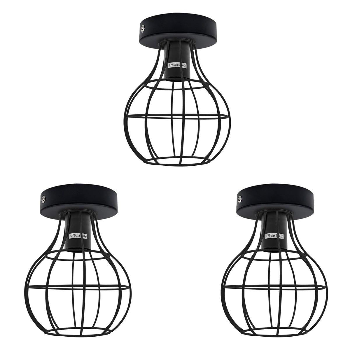 Flush Ceiling Lamp Holder – Metal, E27, 75 or 108 mm Plate - 100 mm, Pack of 3, Matt Black, Balloon Cage Black