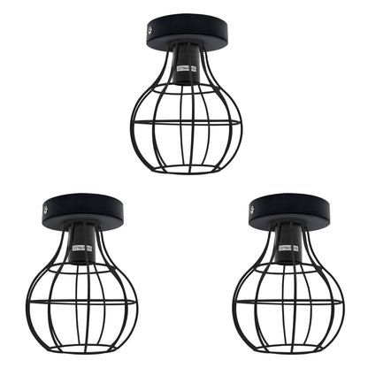 Flush Ceiling Lamp Holder – Metal, E27, 75 or 108 mm Plate - 100 mm, Pack of 3, Matt Black, Balloon Cage Black