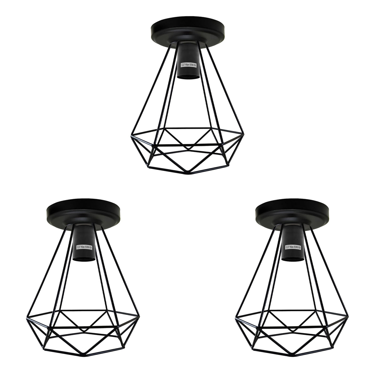 Flush Ceiling Lamp Holder – Metal, E27, 75 or 108 mm Plate - 108 mm, Pack of 3, Matt Black, Diamond Cage Black