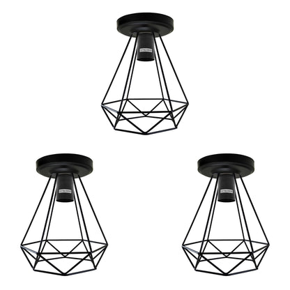 Flush Ceiling Lamp Holder – Metal, E27, 75 or 108 mm Plate - 108 mm, Pack of 3, Matt Black, Diamond Cage Black