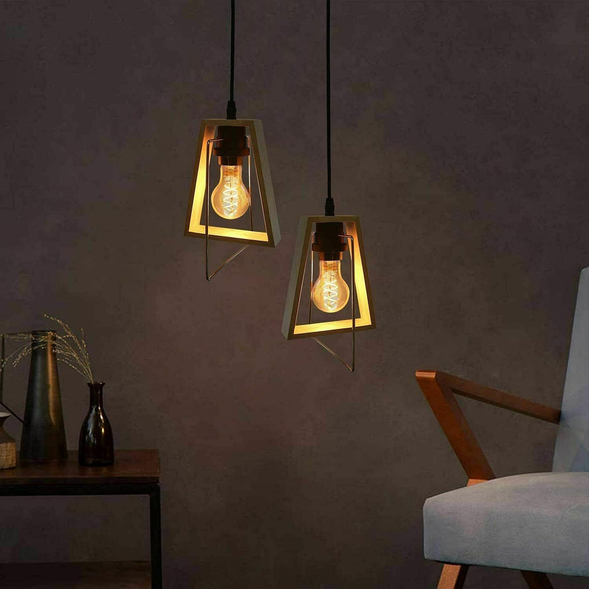 Wooden Frame Pendant Light – Trapezoid Wood Shade, E27 - photo 5