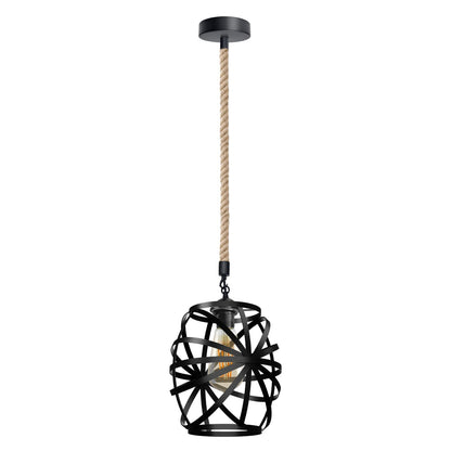 Hemp Rope Pendant Light with Cage Shade – 5 Styles, E27 - Black, Web Globe Cage Black, Without Bulb