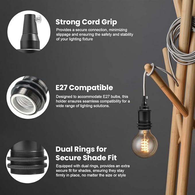E27 Lamp Holder with Cord Grip & Dual Shade Rings – 4 Finishes