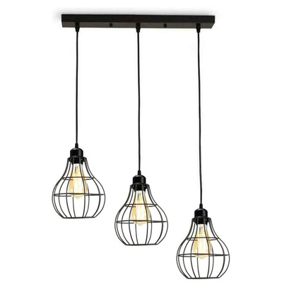 3-Light Cluster Pendant – Wire Cage Shades, Round Plate or Ceiling Bar - Black, Balloon Cage Black 500 mm Rose, Without Bulb