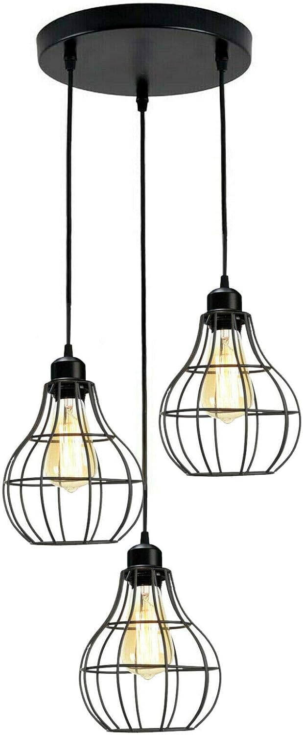 3-Light Cluster Pendant – Wire Cage Shades, Round Plate or Ceiling Bar - Black, Balloon Cage Black 200 mm Rose, Without Bulb