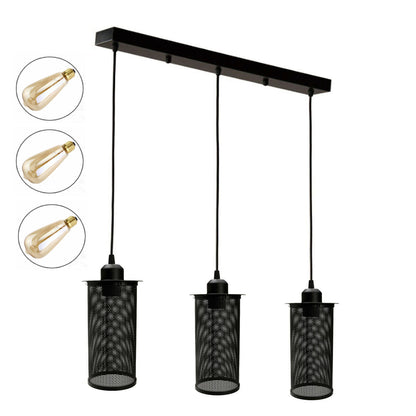 3-Light Cluster Pendant – Wire Cage Shades, Round Plate or Ceiling Bar - Black, Barrel Cage Black 500 mm Rose, Without Bulb