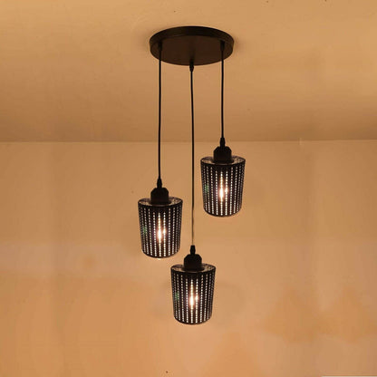3-Light Cluster Pendant – Wire Cage Shades, Round Plate or Ceiling Bar - Black, Barrel Cage Style 3 Black 200 mm Rose, Without Bulb