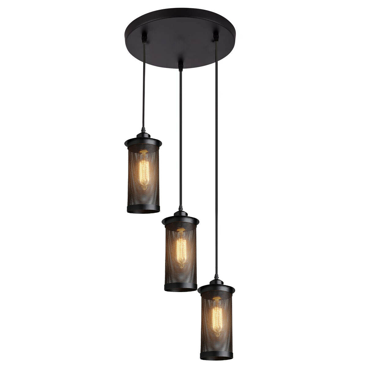 3-Light Cluster Pendant – Wire Cage Shades, Round Plate or Ceiling Bar - Black, Cage Drum Black 200 mm Rose, Without Bulb