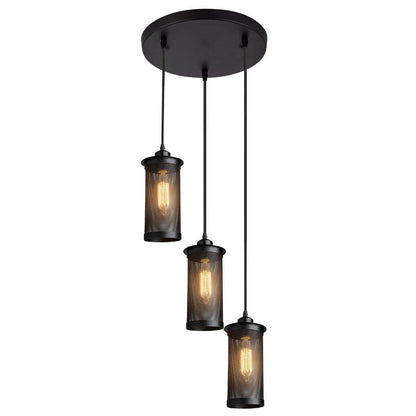 3-Light Cluster Pendant – Wire Cage Shades, Round Plate or Ceiling Bar - Black, Cage Drum Black 200 mm Rose, Without Bulb