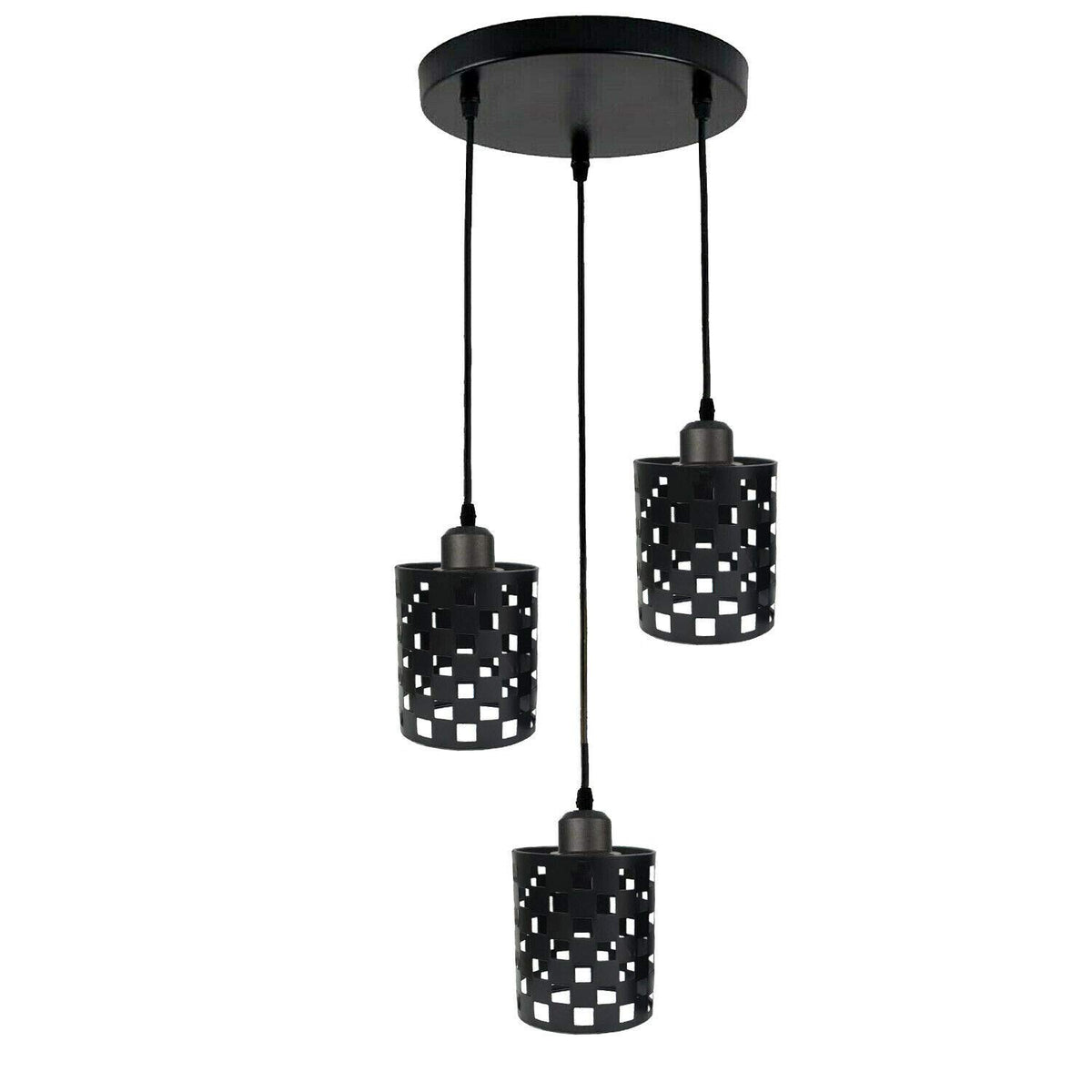3-Light Cluster Pendant – Wire Cage Shades, Round Plate or Ceiling Bar - Black, Barrel Cage Style 1 Black 200 mm Rose, Without Bulb