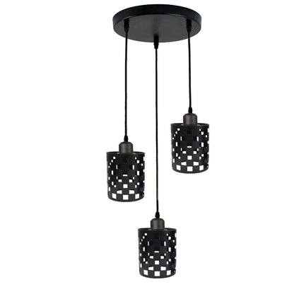 3-Light Cluster Pendant – Wire Cage Shades, Round Plate or Ceiling Bar - Black, Barrel Cage Style 1 Black 200 mm Rose, Without Bulb