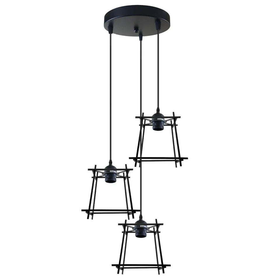3-Light Cluster Pendant – Wire Cage Shades, Round Plate or Ceiling Bar - Black, Box Cage Black 200 mm Rose, Without Bulb