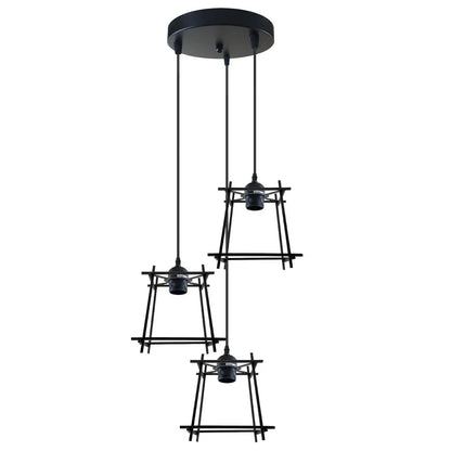 3-Light Cluster Pendant – Wire Cage Shades, Round Plate or Ceiling Bar - Black, Box Cage Black 200 mm Rose, Without Bulb
