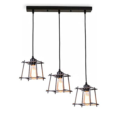 3-Light Cluster Pendant – Wire Cage Shades, Round Plate or Ceiling Bar - Black, Box Cage Black 500 mm Rose, Without Bulb