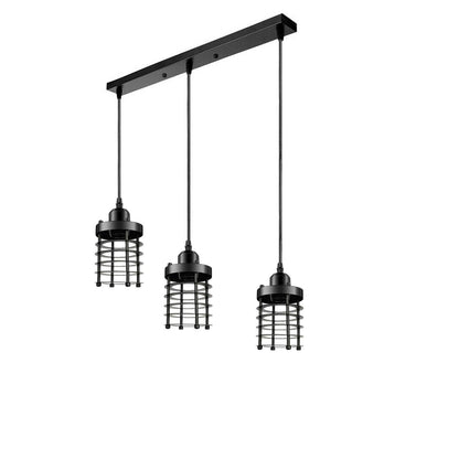 3-Light Cluster Pendant – Wire Cage Shades, Round Plate or Ceiling Bar - Black, Bulb Guard Black 500 mm Rose, Without Bulb