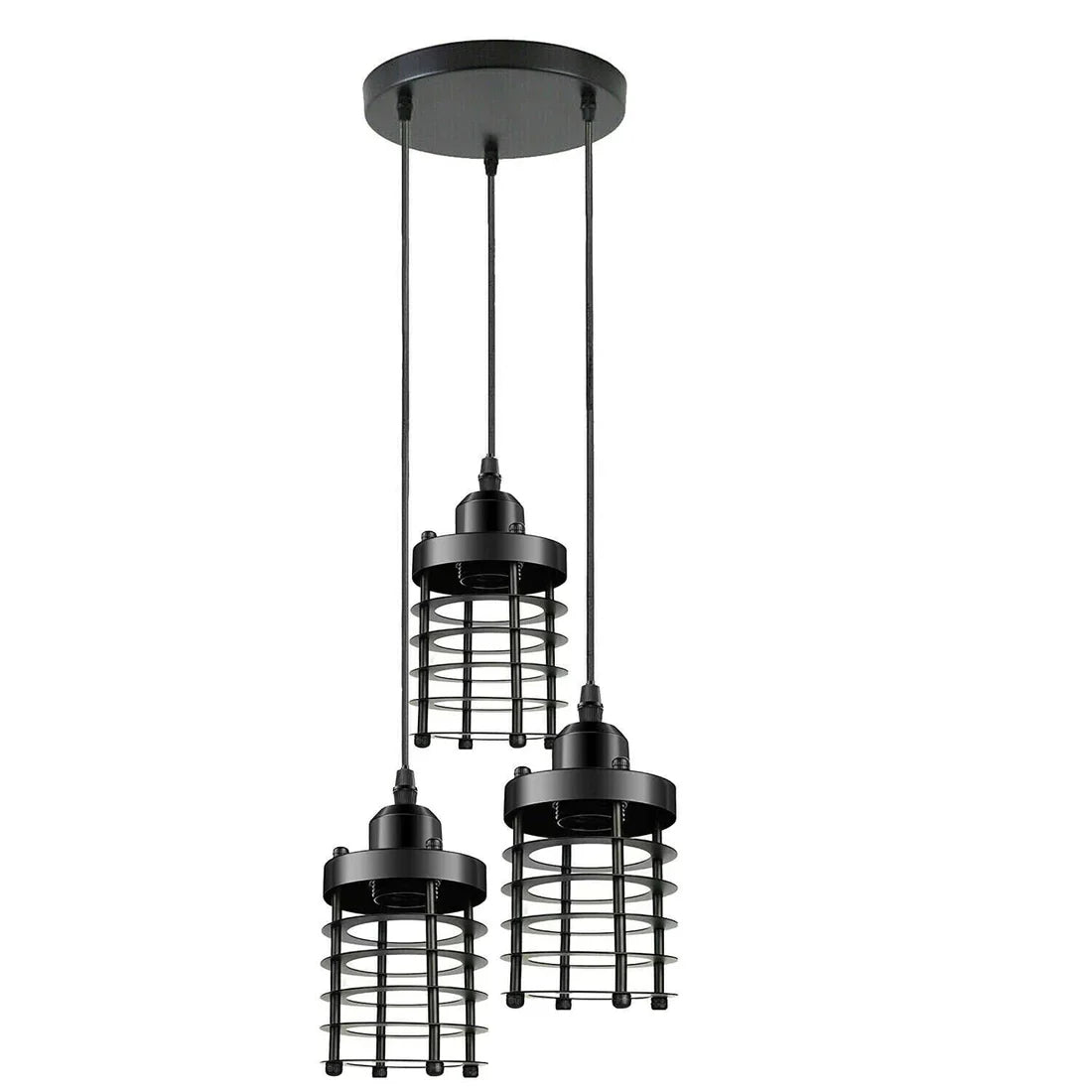3-Light Cluster Pendant – Wire Cage Shades, Round Plate or Ceiling Bar - Black, Bulb Guard Black 200 mm Rose, Without Bulb