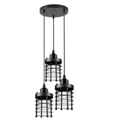 3-Light Cluster Pendant – Wire Cage Shades, Round Plate or Ceiling Bar - Black, Bulb Guard Black 200 mm Rose, Without Bulb