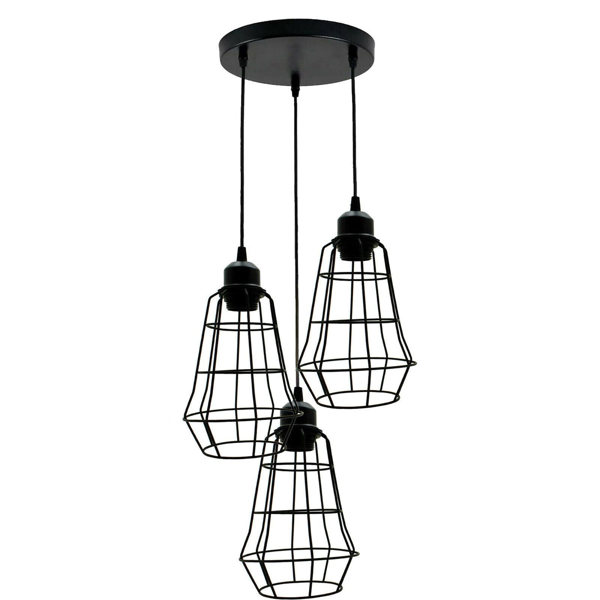 3-Light Cluster Pendant – Wire Cage Shades, Round Plate or Ceiling Bar - Black, Cage Black 200 mm Rose, Black Shade LO, Without Bulb